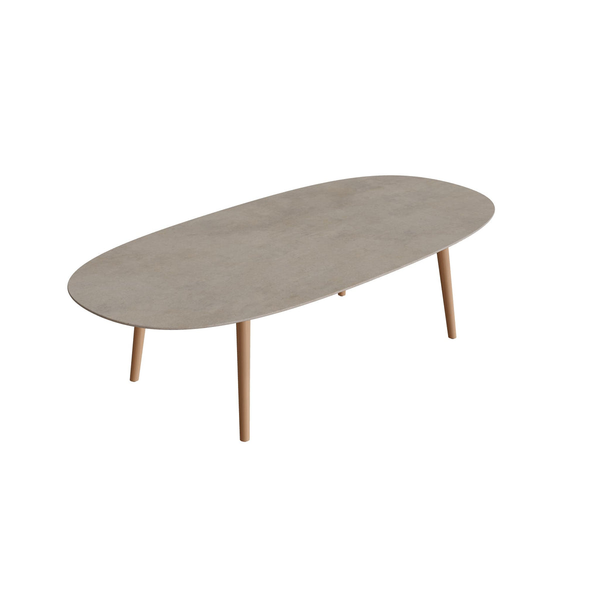 Royal Botania Styletto Low-Dining-Tisch Super-Ellipse 250 x 120 cm, Teakbeine, Keramik graubraun (Terra Sabbia)