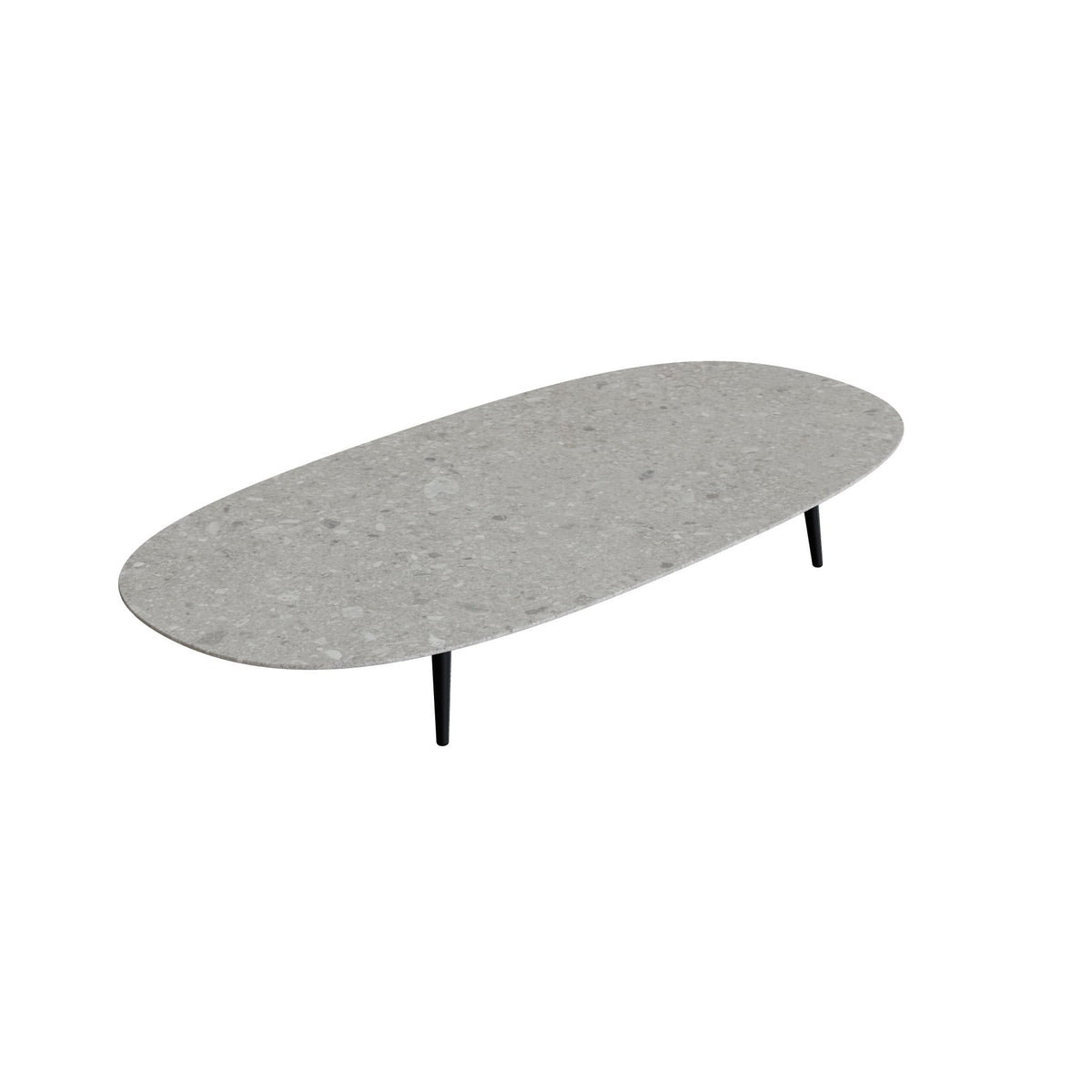 Royal Botania Styletto Loungetisch niedrig Super-Ellipse 250 x 120 cm, Alu anthrazit, Keramik grau gemustert (Ceppo Dolomitica)
