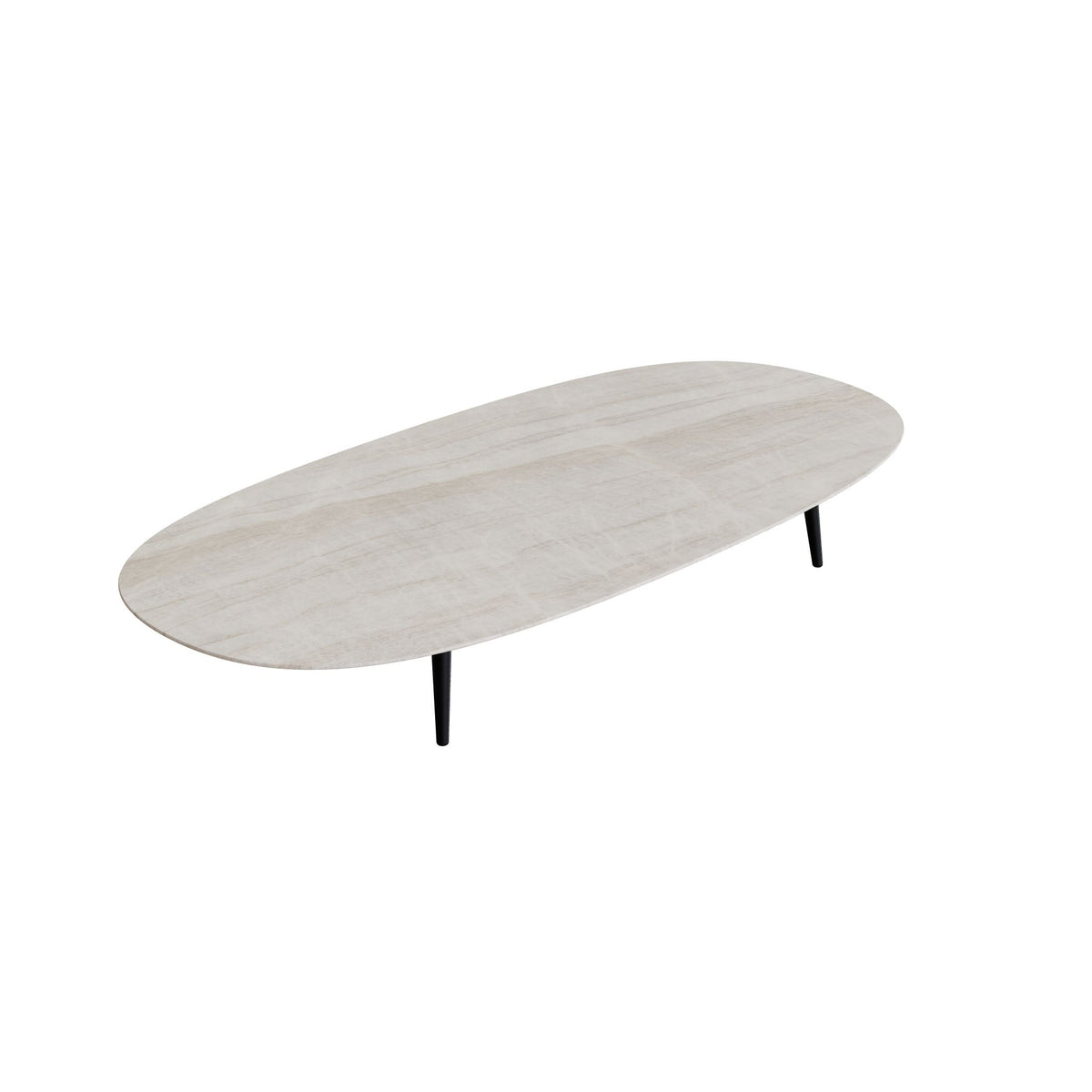 Royal Botania Styletto Loungetisch niedrig Super-Ellipse 250 x 120 cm, Alu anthrazit, Keramik grau-braun geädert (Strato Quartz)