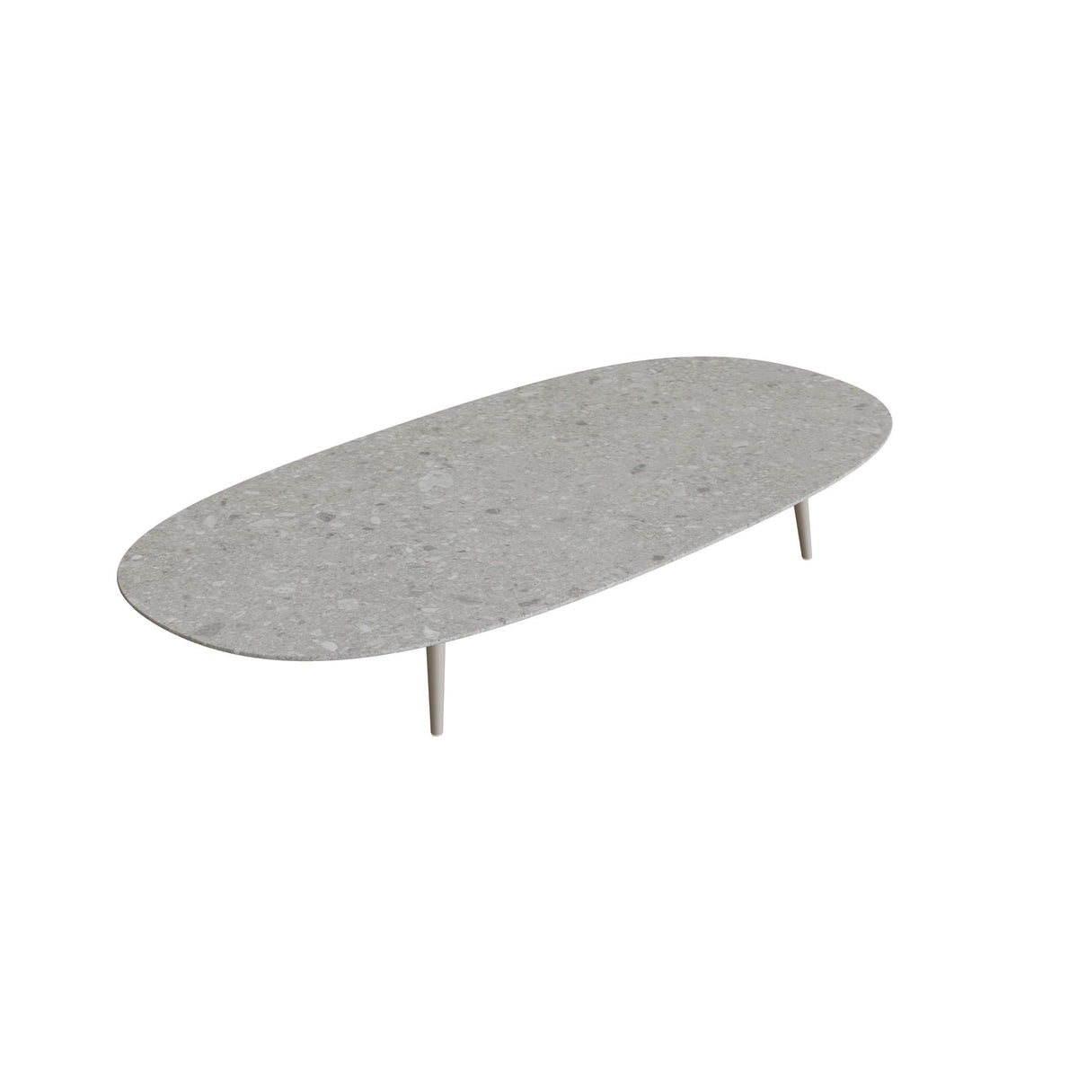 Royal Botania Styletto Loungetisch niedrig Super-Ellipse 250 x 120 cm, Alu pebble, Keramik grau gemustert (Ceppo Dolomitica)