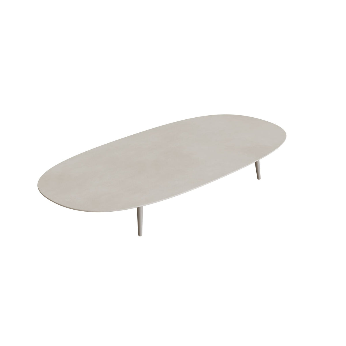 Royal Botania Styletto Loungetisch niedrig Super-Ellipse 250 x 120 cm, Alu pebble, Keramik zementgrau (Cemento Luminoso)