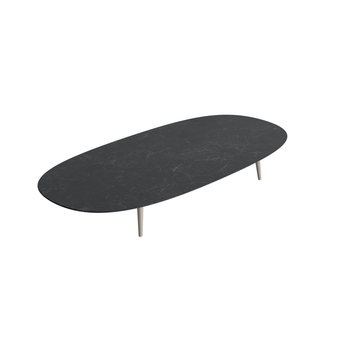 Royal Botania Styletto Loungetisch niedrig Super-Ellipse 250 x 120 cm, Alu pebble, Keramik schwarz geädert (Nero Marquina)