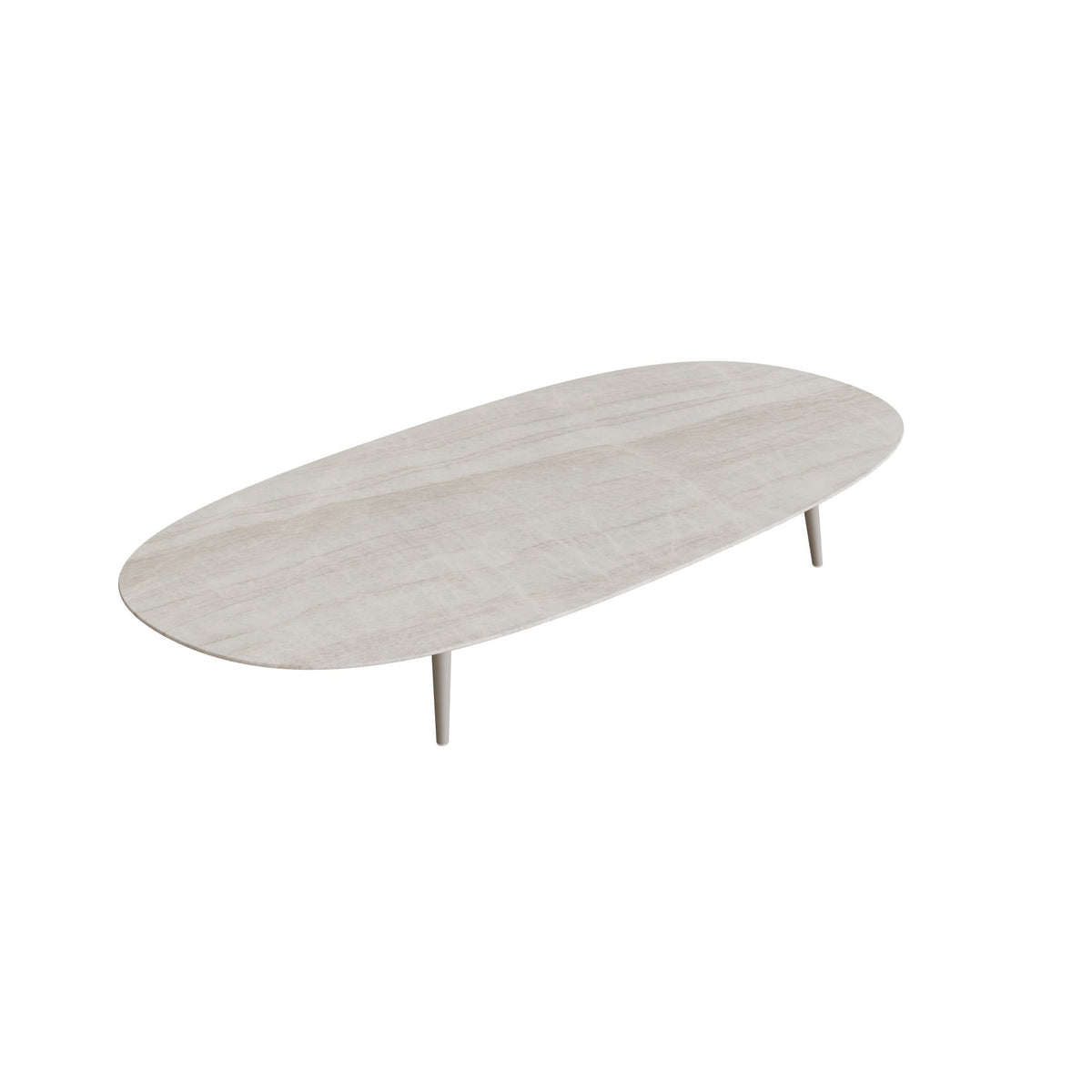 Royal Botania Styletto Loungetisch niedrig Super-Ellipse 250 x 120 cm, Alu pebble, Keramik grau-braun geädert (Strato Quartz)