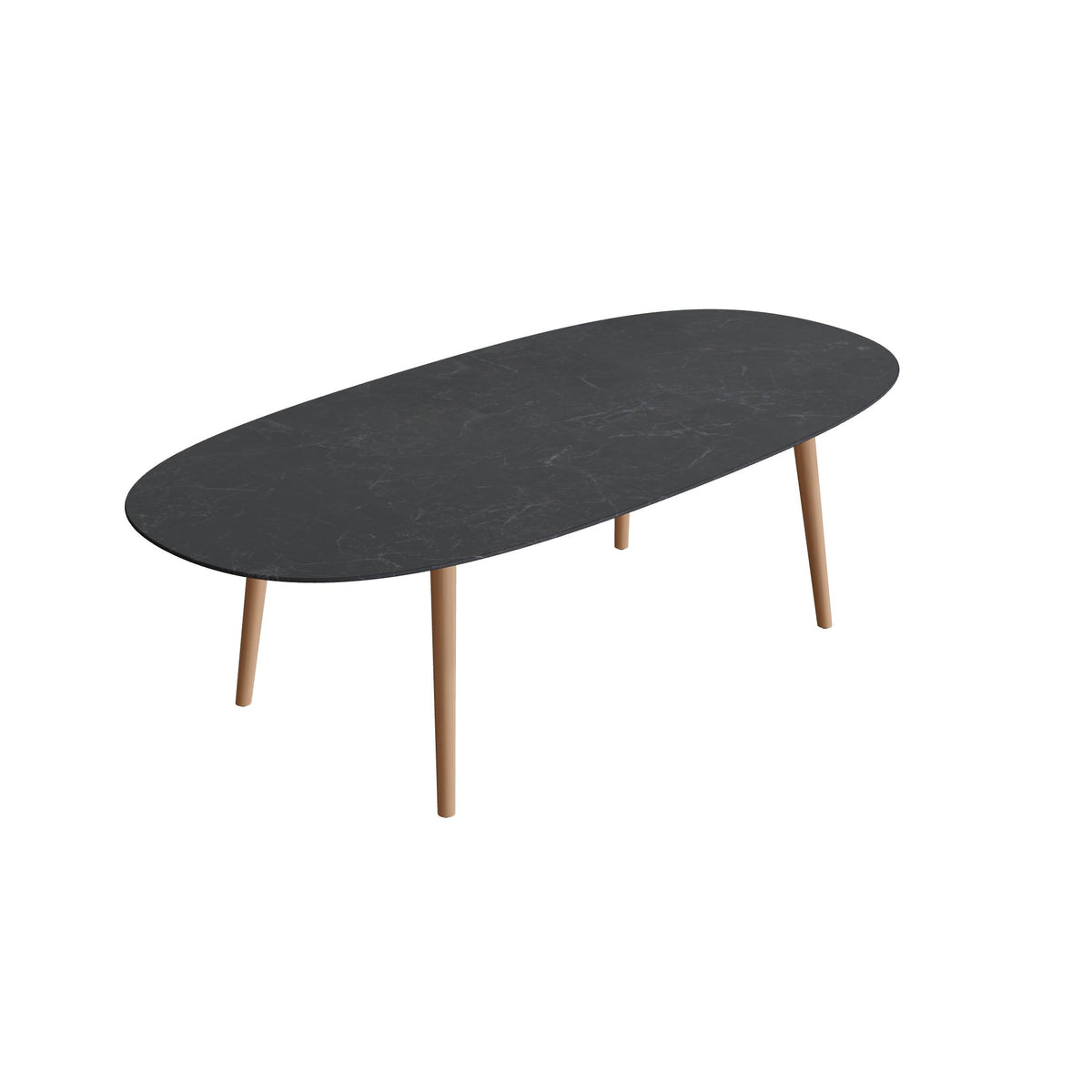 Royal Botania Styletto Esstisch Super-Ellipse 250 x 120 cm, Teakbeine, Keramik schwarz geädert (Nero Marquina)