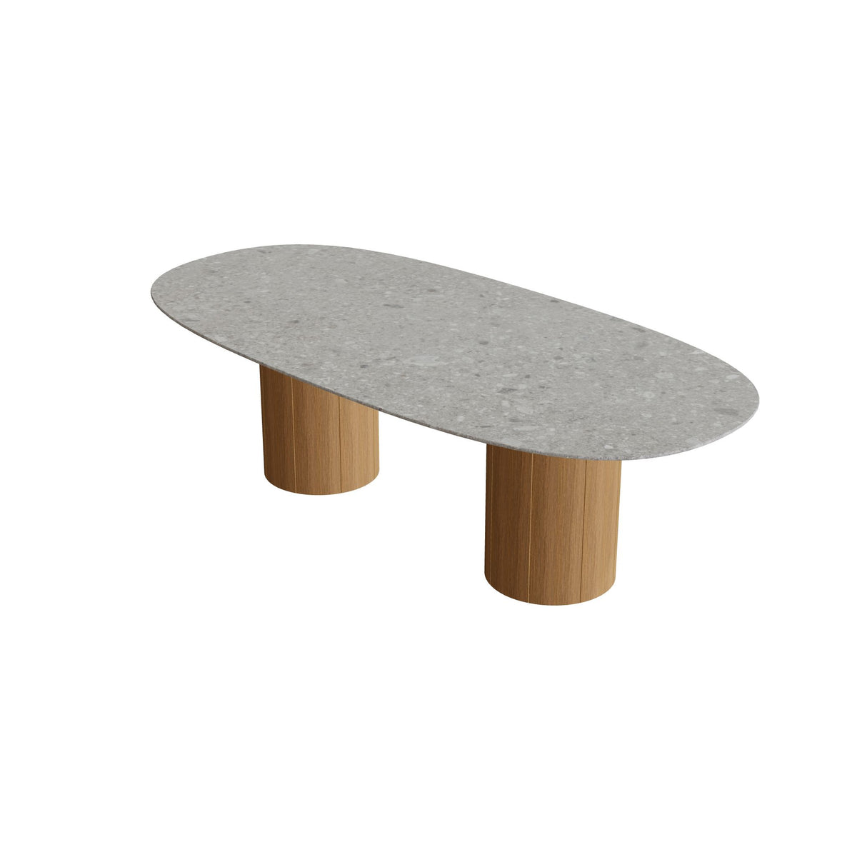 Royal Botania Regaliz Tisch Super-Ellipse 250 x 120 cm mit Rundfuß, Esstisch, Fuß Teak, Keramik grau gemustert (Ceppo Dolomitica)