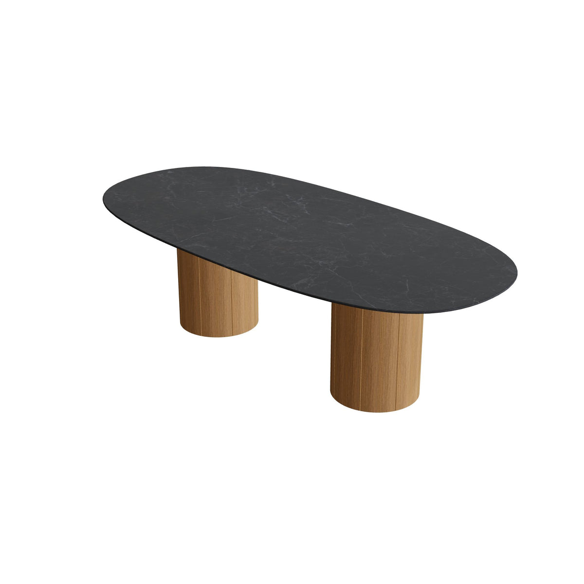 Royal Botania Regaliz Tisch Super-Ellipse 250 x 120 cm mit Rundfuß, Esstisch, Fuß Teak, Keramik schwarz geädert (Nero Marquina)