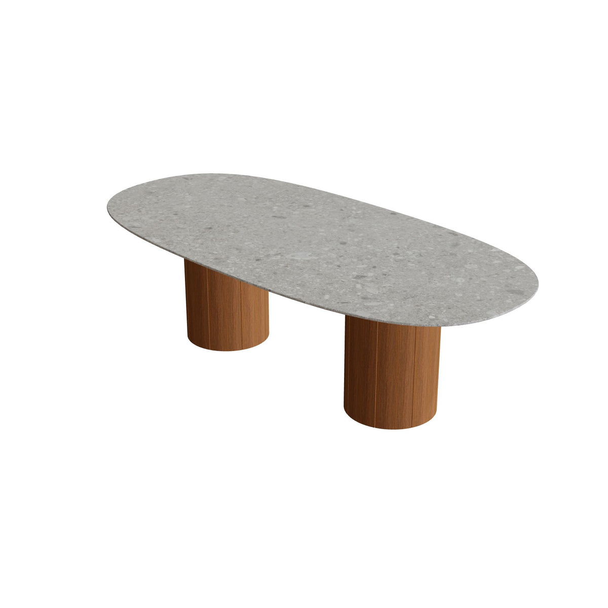 Royal Botania Regaliz Tisch Super-Ellipse 250 x 120 cm mit Rundfuß, Esstisch, Fuß Teak geölt, Keramik grau gemustert (Ceppo Dolomitica)