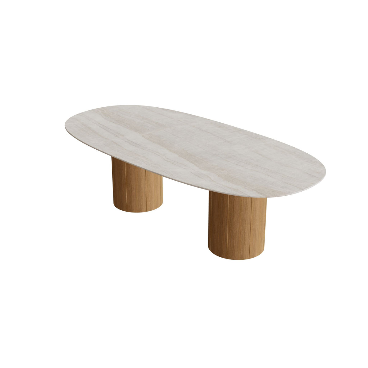 Royal Botania Regaliz Tisch Super-Ellipse 250 x 120 cm mit Rundfuß, Esstisch, Fuß Teak, Keramik grau-braun geädert (Strato Quartz)