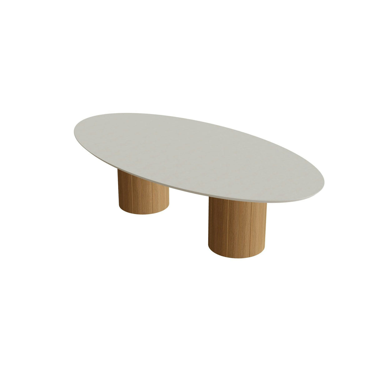 Royal Botania Regaliz Tisch Ellipse 250 x 130 cm mit Rundfuß – niedriger Esstisch, H 67 cm · Teak · Beton sand (desert)