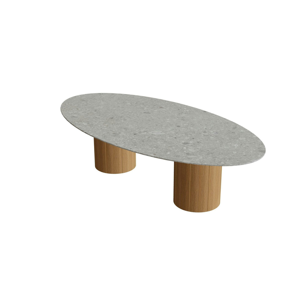 Royal Botania Regaliz Tisch Ellipse 250 x 130 cm mit Rundfuß – niedriger Esstisch, H 67 cm · Teak · Keramik grau gemustert (Ceppo Dolomitica)