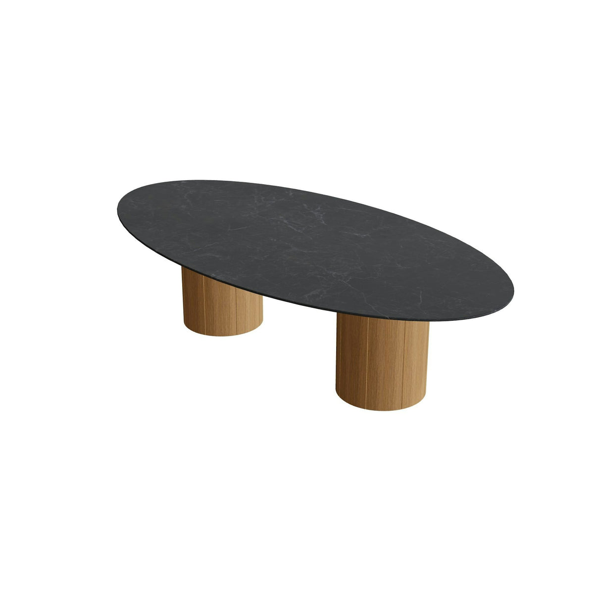 Royal Botania Regaliz Tisch Ellipse 250 x 130 cm mit Rundfuß – niedriger Esstisch, H 67 cm · Teak · Keramik schwarz geädert (Nero Marquina)