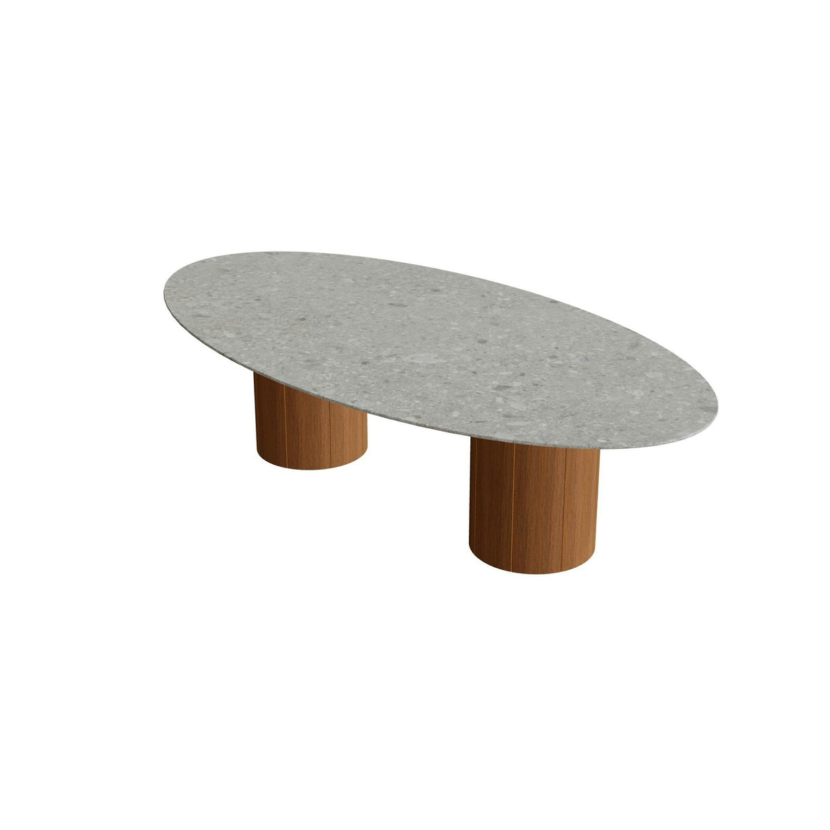 Royal Botania Regaliz Tisch Ellipse 250 x 130 cm mit Rundfuß – niedriger Esstisch, H 67 cm · Teak geölt · Keramik grau gemustert (Ceppo Dolomitica)