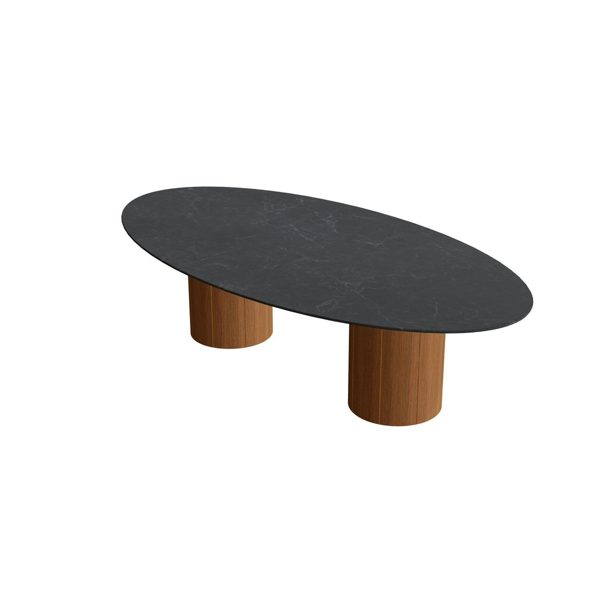 Royal Botania Regaliz Tisch Ellipse 250 x 130 cm mit Rundfuß – niedriger Esstisch, H 67 cm · Teak geölt · Keramik schwarz geädert (Nero Marquina)