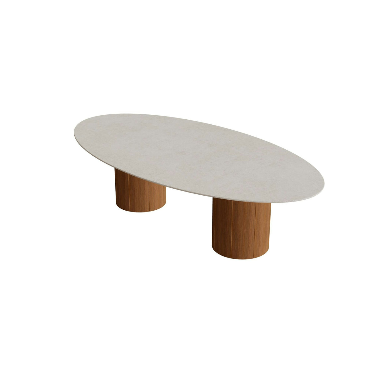 Royal Botania Regaliz Tisch Ellipse 250 x 130 cm mit Rundfuß – niedriger Esstisch, H 67 cm · Teak geölt · Keramik grau gesprenkelt (Sienna Arena)