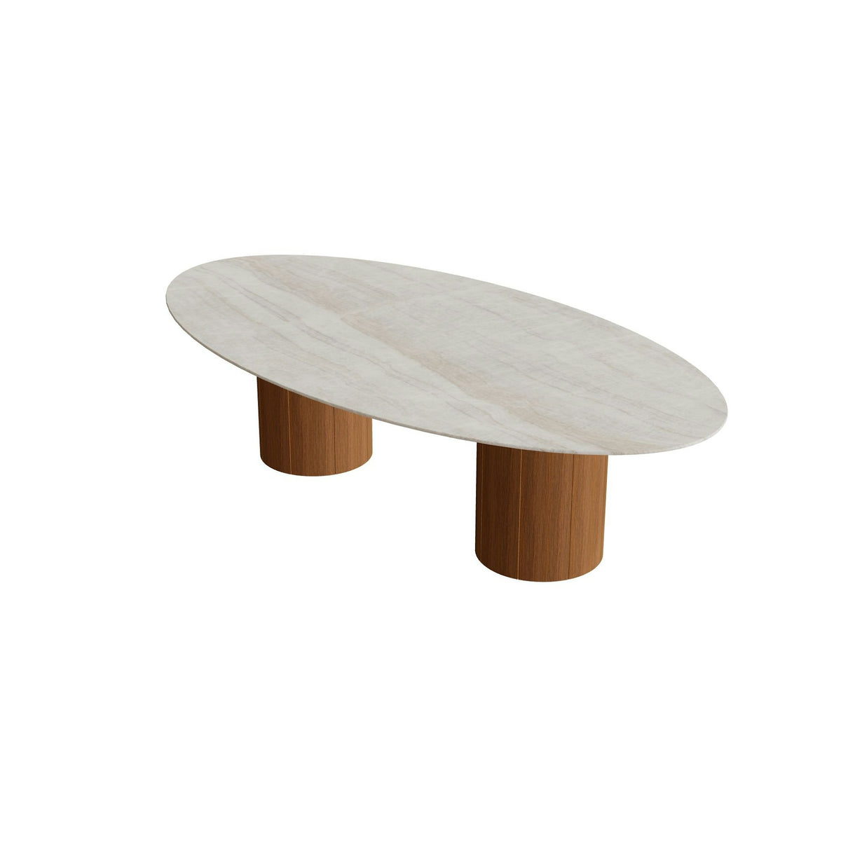 Royal Botania Regaliz Tisch Ellipse 250 x 130 cm mit Rundfuß – niedriger Esstisch, H 67 cm · Teak geölt · Keramik grau-braun geädert (Strato Quartz)