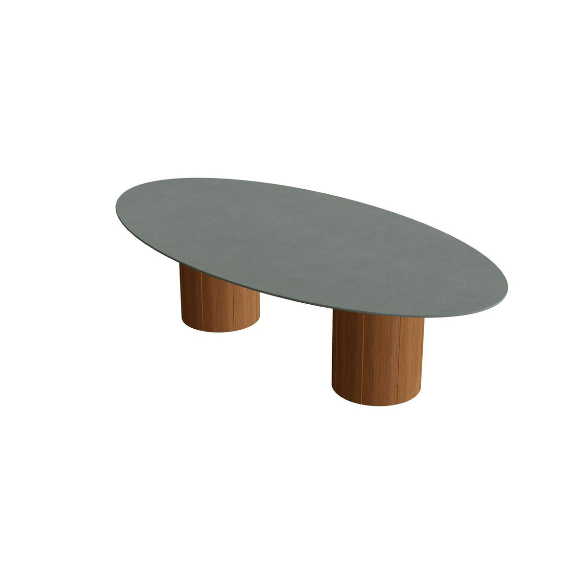 Royal Botania Regaliz Tisch Ellipse 250 x 130 cm mit Rundfuß – niedriger Esstisch, H 67 cm · Teak geölt · Keramik steingrün (Verdezza Amazon)