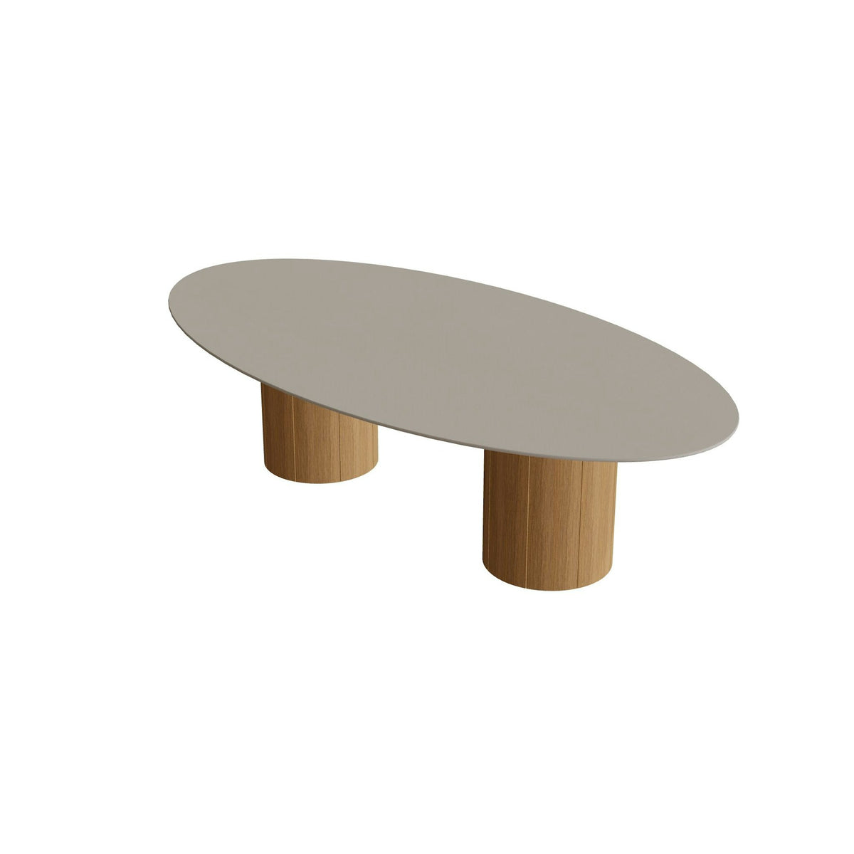 Royal Botania Regaliz Tisch Ellipse 250 x 130 cm mit Rundfuß – niedriger Esstisch, H 67 cm · Teak · Keramik perlgrau (Pearl Grey)