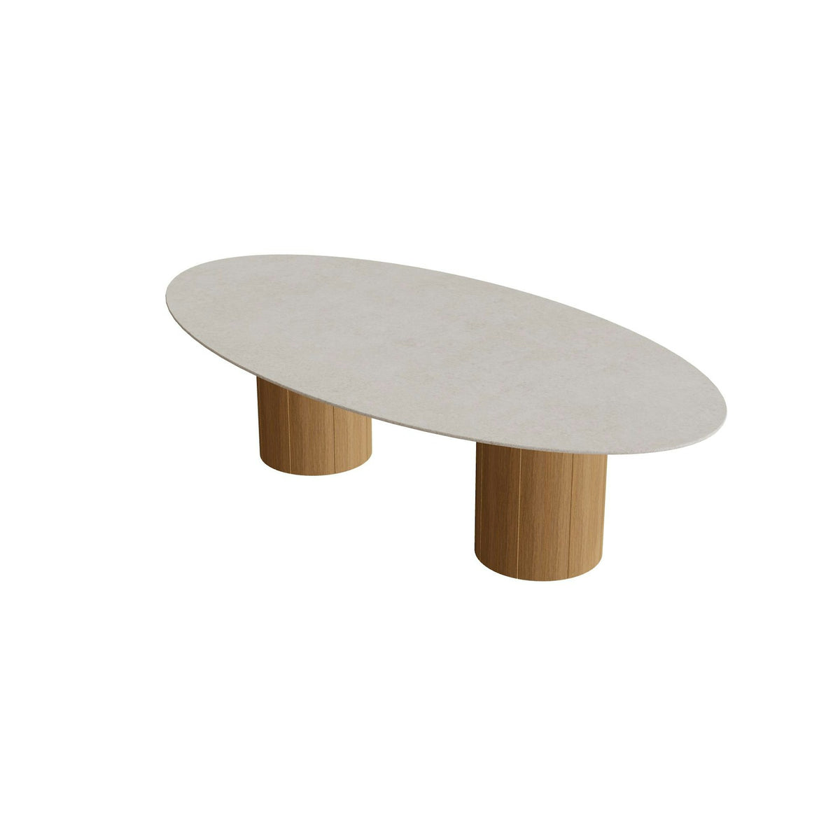Royal Botania Regaliz Tisch Ellipse 250 x 130 cm mit Rundfuß – niedriger Esstisch, H 67 cm · Teak · Keramik grau gesprenkelt (Sienna Arena)