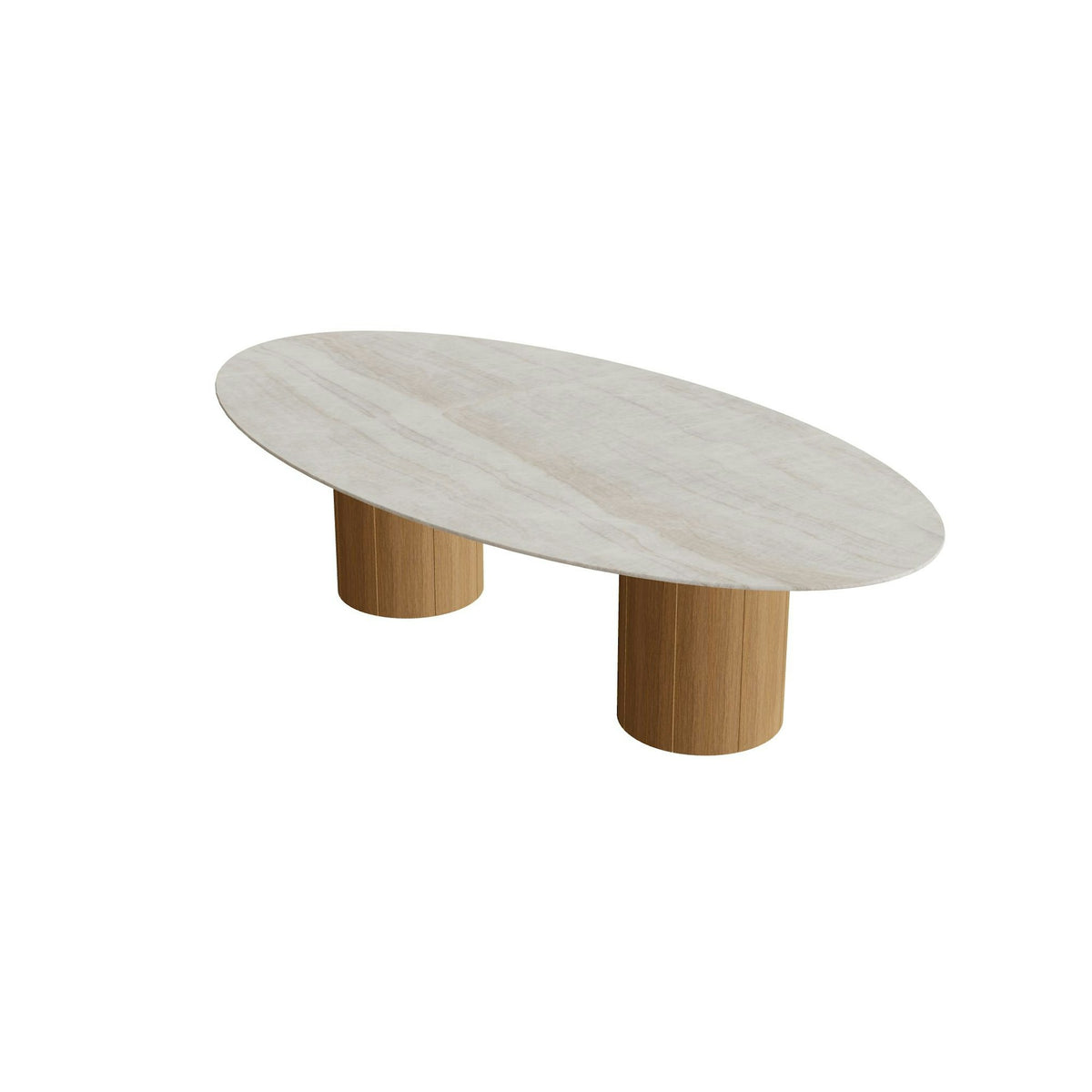 Royal Botania Regaliz Tisch Ellipse 250 x 130 cm mit Rundfuß – niedriger Esstisch, H 67 cm · Teak · Keramik grau-braun geädert (Strato Quartz)
