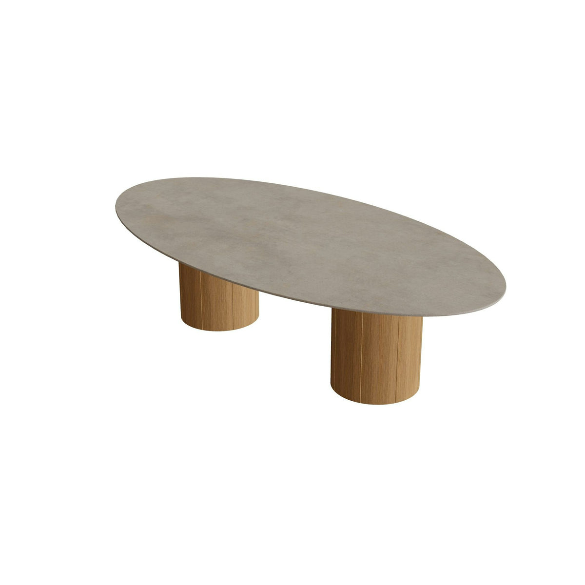Royal Botania Regaliz Tisch Ellipse 250 x 130 cm mit Rundfuß – niedriger Esstisch, H 67 cm · Teak · Keramik graubraun (Terra Sabbia)