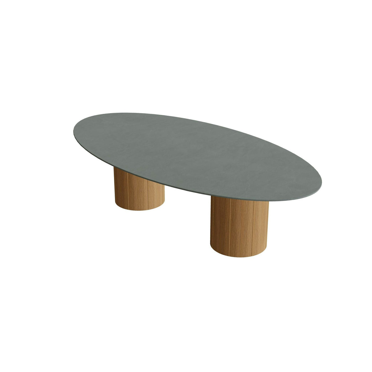 Royal Botania Regaliz Tisch Ellipse 250 x 130 cm mit Rundfuß – niedriger Esstisch, H 67 cm · Teak · Keramik steingrün (Verdezza Amazon)