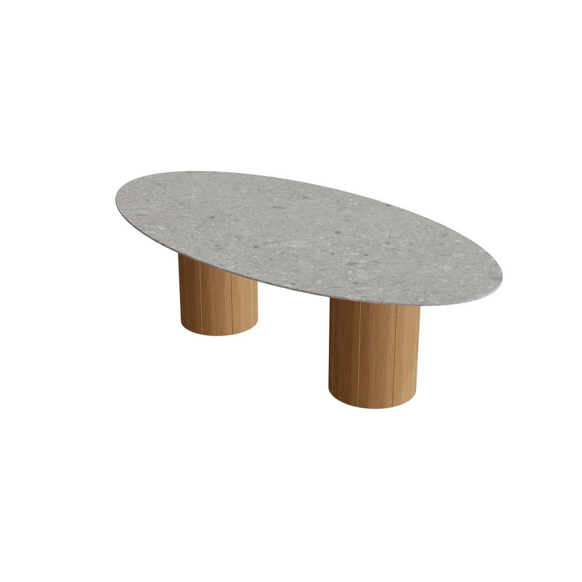Royal Botania Regaliz Tisch Ellipse 250 x 130 cm mit Rundfuß, Esstisch, Fuß Teak, Keramik grau gemustert (Ceppo Dolomitica)