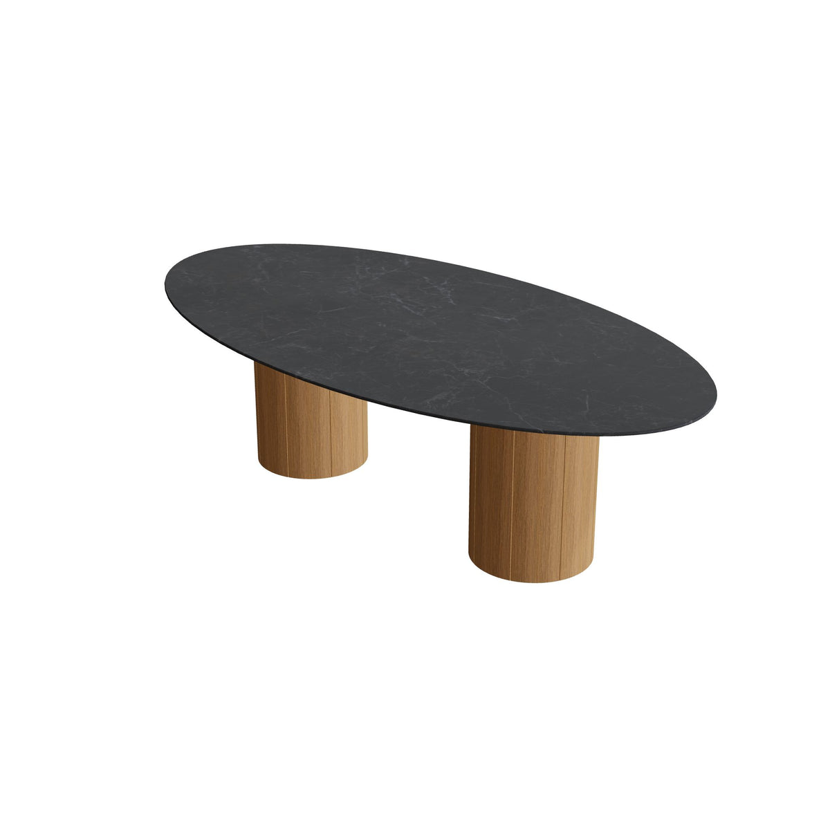 Royal Botania Regaliz Tisch Ellipse 250 x 130 cm mit Rundfuß, Esstisch, Fuß Teak, Keramik schwarz geädert (Nero Marquina)