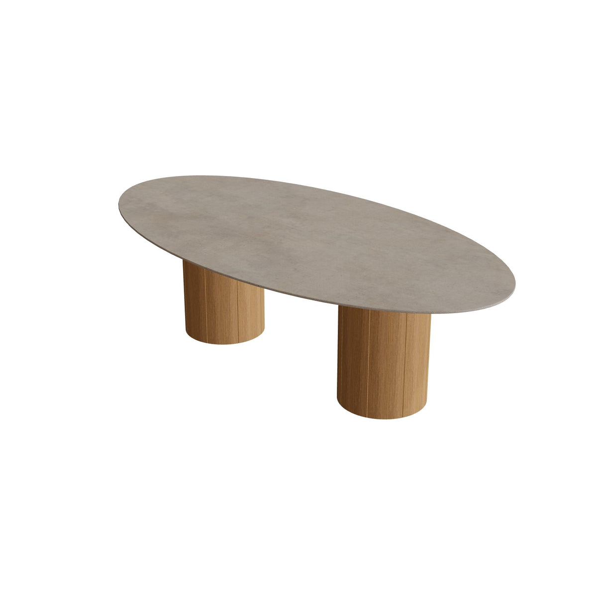 Royal Botania Regaliz Tisch Ellipse 250 x 130 cm mit Rundfuß, Esstisch, Fuß Teak, Keramik graubraun (Terra Sabbia)