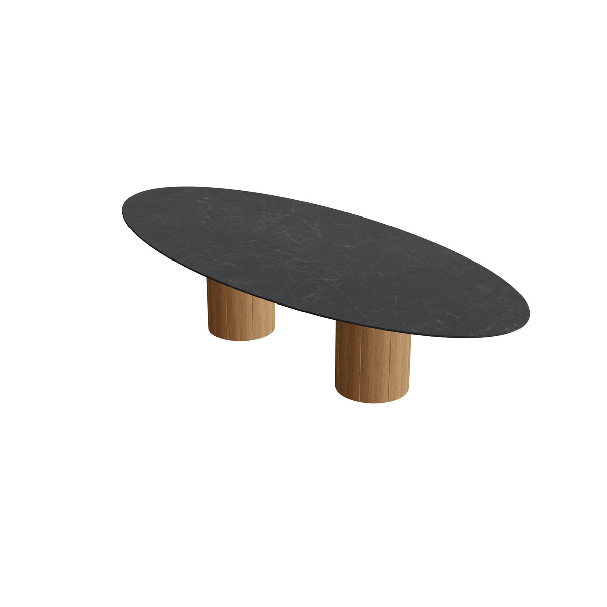 Royal Botania Regaliz Tisch Ellipse 320 x 140 cm mit Rundfuß, Esstisch, Fuß Teak, Keramik schwarz geädert (Nero Marquina)