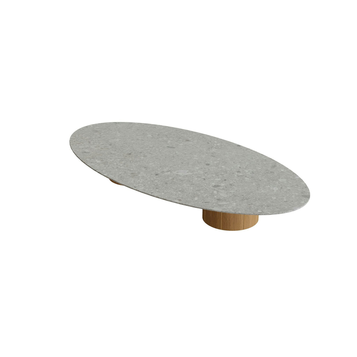 Royal Botania Regaliz Tisch Ellipse 250 x 130 cm mit Rundfuß – Loungetisch, H 35 cm · Teak · Keramik grau gemustert (Ceppo Dolomitica)