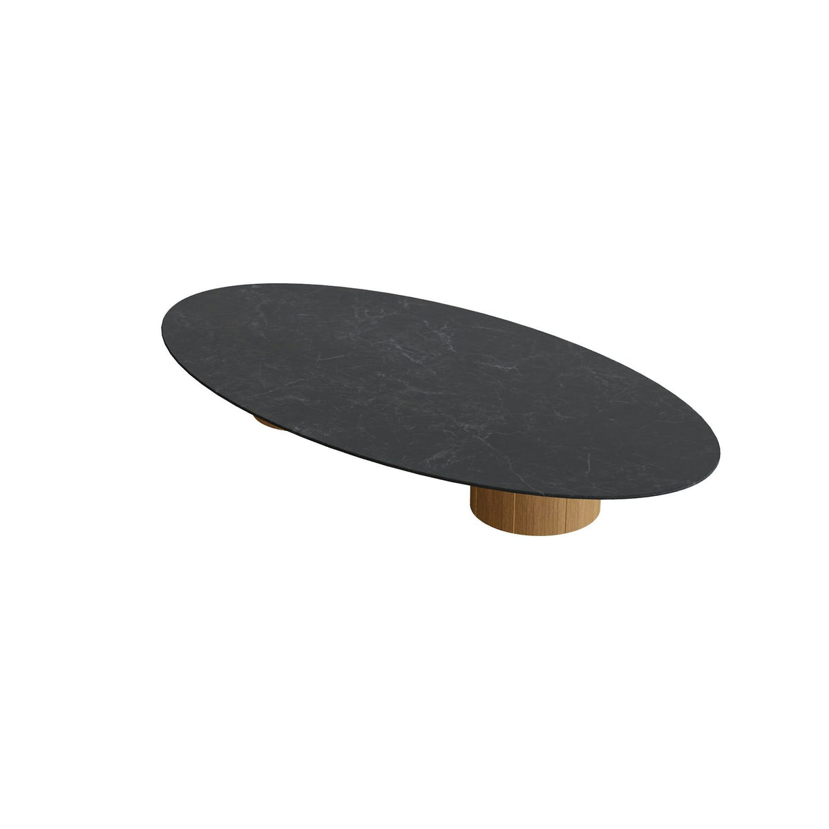 Royal Botania Regaliz Tisch Ellipse 250 x 130 cm mit Rundfuß – Loungetisch, H 35 cm · Teak · Keramik schwarz geädert (Nero Marquina)