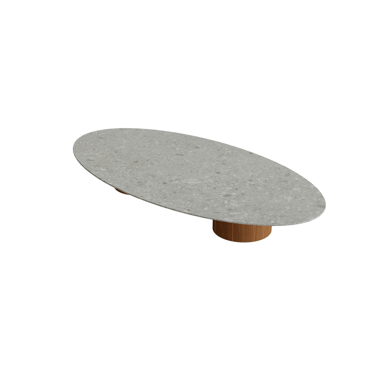 Royal Botania Regaliz Tisch Ellipse 250 x 130 cm mit Rundfuß – Loungetisch, H 35 cm · Teak geölt · Keramik grau gemustert (Ceppo Dolomitica)