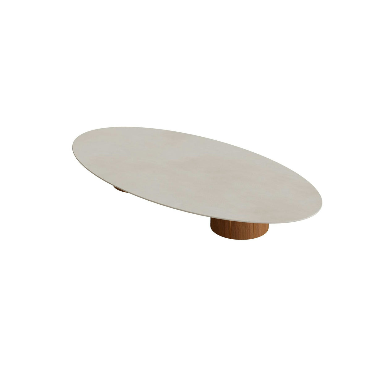 Royal Botania Regaliz Tisch Ellipse 250 x 130 cm mit Rundfuß – Loungetisch, H 35 cm · Teak geölt · Keramik zementgrau (Cemento Luminoso)