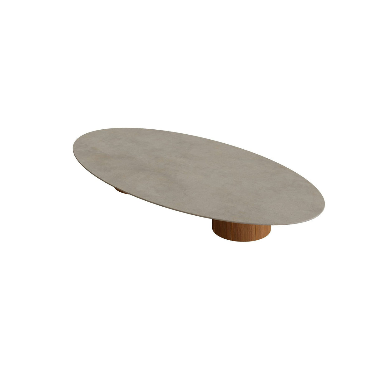 Royal Botania Regaliz Tisch Ellipse 250 x 130 cm mit Rundfuß – Loungetisch, H 35 cm · Teak geölt · Keramik graubraun (Terra Sabbia)
