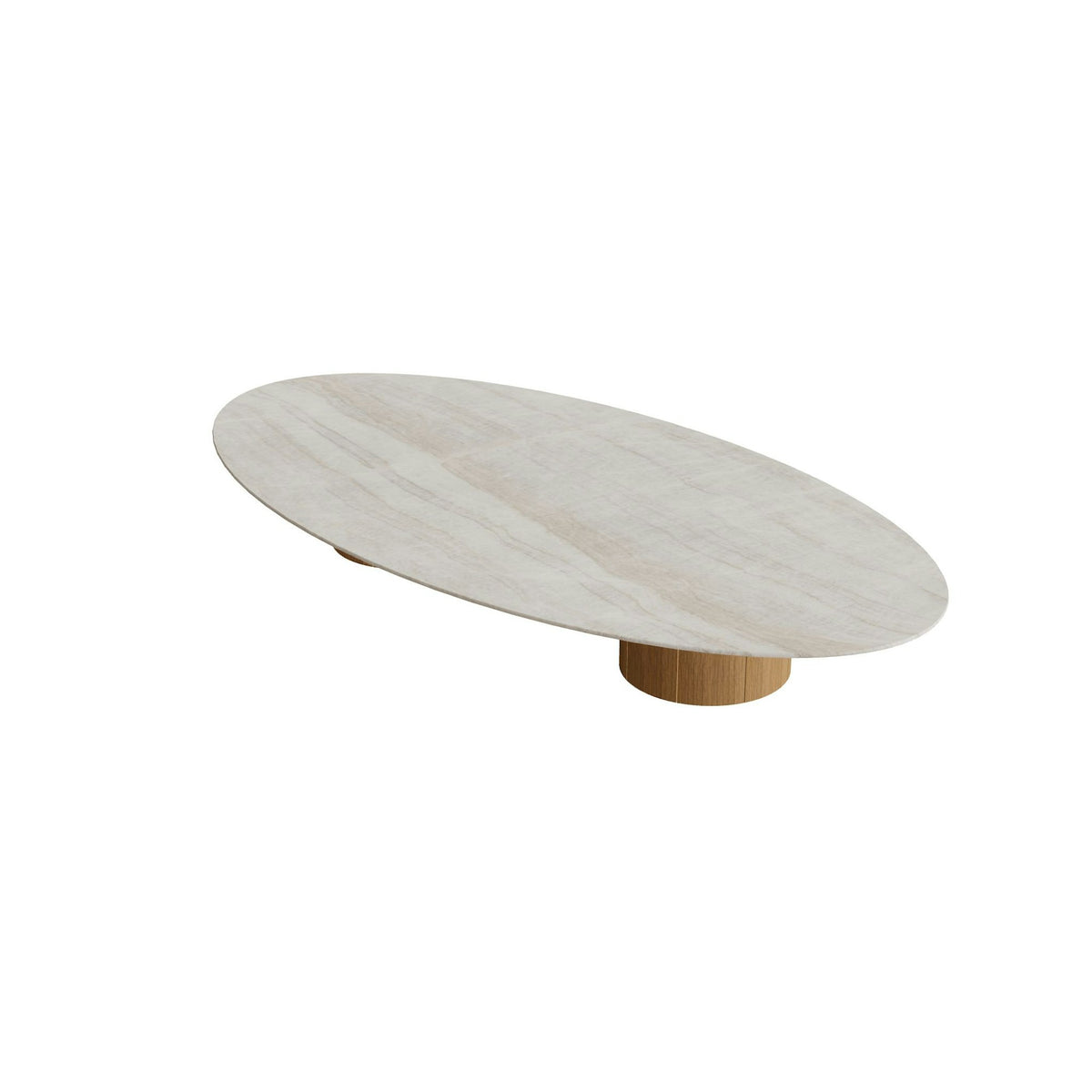 Royal Botania Regaliz Tisch Ellipse 250 x 130 cm mit Rundfuß – Loungetisch, H 35 cm · Teak · Keramik grau-braun geädert (Strato Quartz)