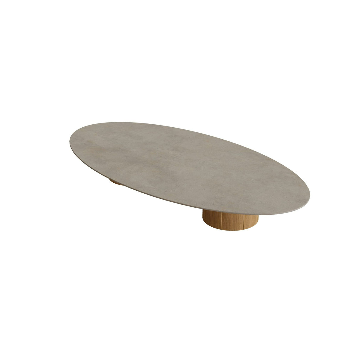 Royal Botania Regaliz Tisch Ellipse 250 x 130 cm mit Rundfuß – Loungetisch, H 35 cm · Teak · Keramik graubraun (Terra Sabbia)
