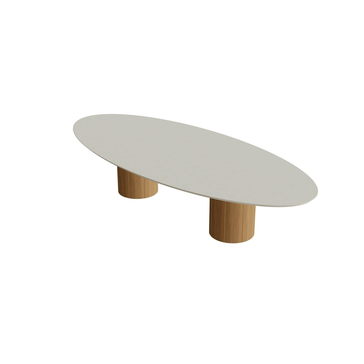 Royal Botania Regaliz Tisch Ellipse 320 x 140 cm mit Rundfuß – niedriger Esstisch, H 67 cm · Teak · Beton sand (desert)