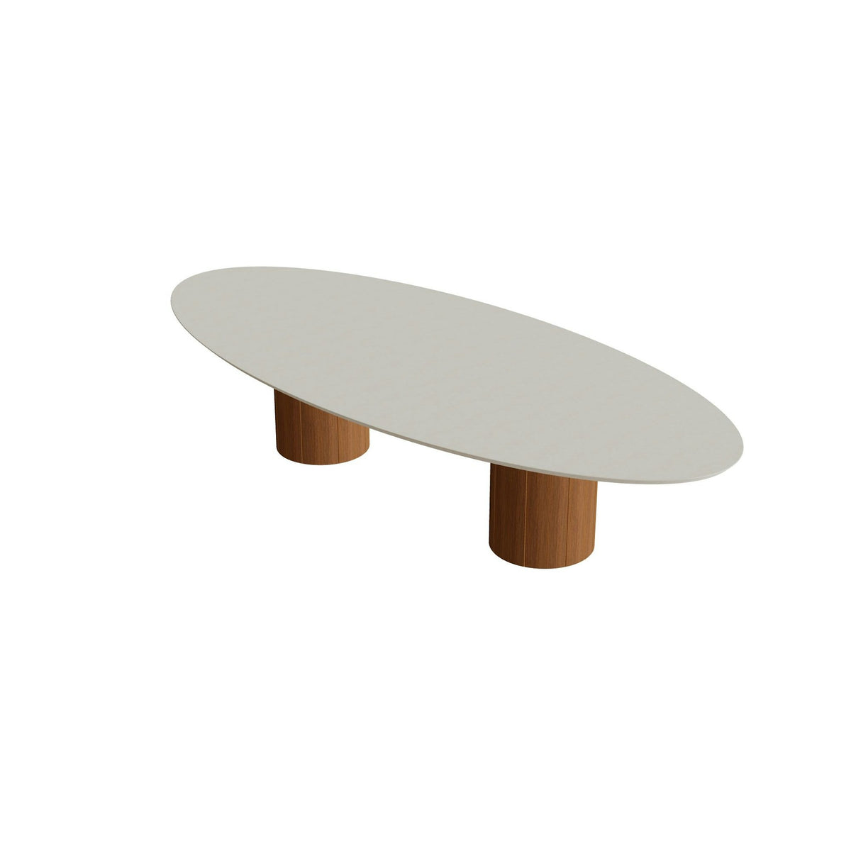 Royal Botania Regaliz Tisch Ellipse 320 x 140 cm mit Rundfuß – niedriger Esstisch, H 67 cm · Teak geölt · Beton sand (desert)