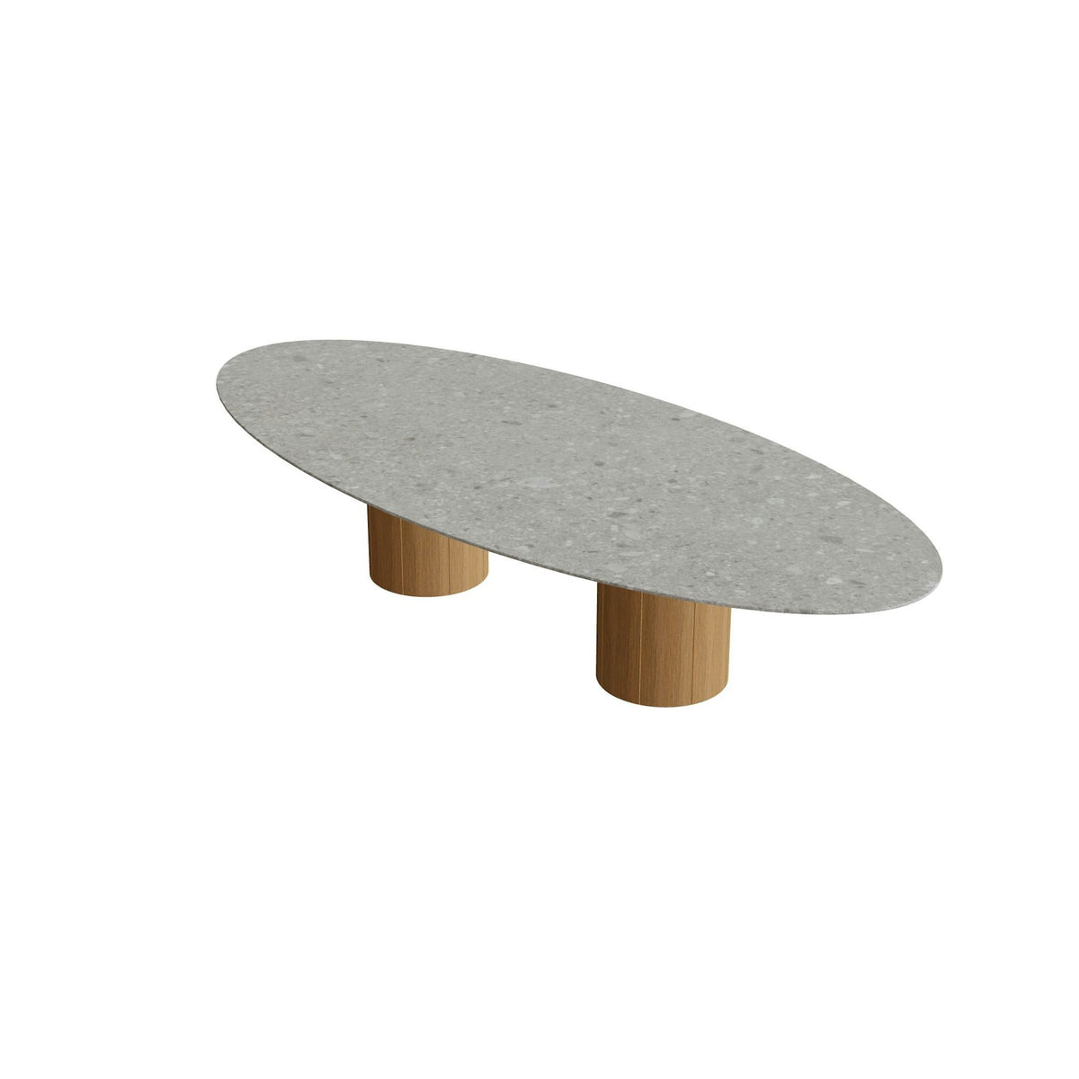 Royal Botania Regaliz Tisch Ellipse 320 x 140 cm mit Rundfuß – niedriger Esstisch, H 67 cm · Teak · Keramik grau gemustert (Ceppo Dolomitica)