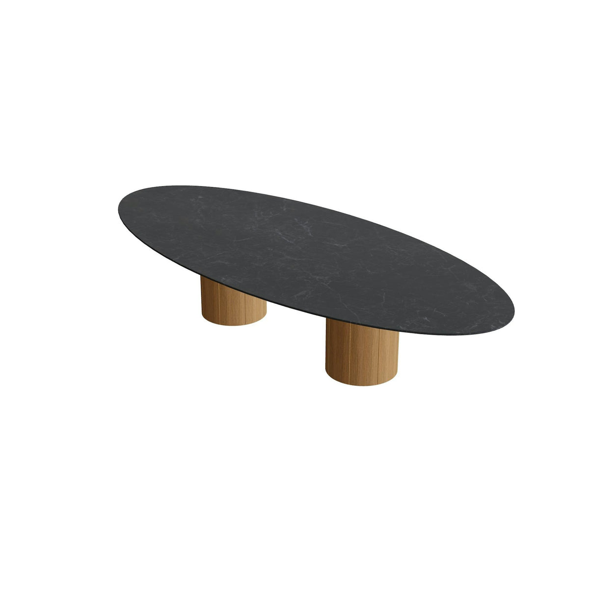 Royal Botania Regaliz Tisch Ellipse 320 x 140 cm mit Rundfuß – niedriger Esstisch, H 67 cm · Teak · Keramik schwarz geädert (Nero Marquina)