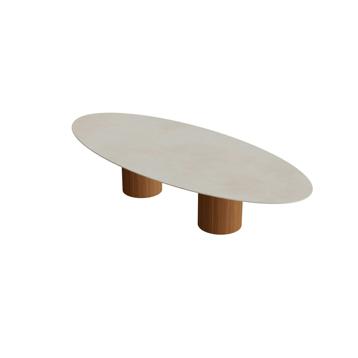 Royal Botania Regaliz Tisch Ellipse 320 x 140 cm mit Rundfuß – niedriger Esstisch, H 67 cm · Teak geölt · Keramik zementgrau (Cemento Luminoso)