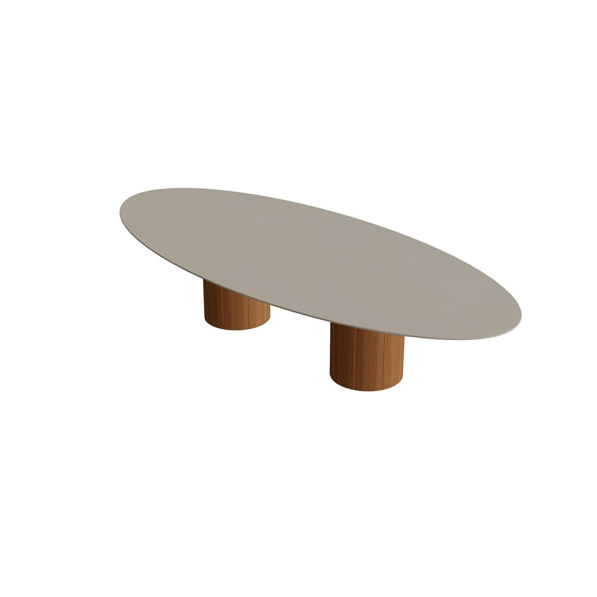 Royal Botania Regaliz Tisch Ellipse 320 x 140 cm mit Rundfuß – niedriger Esstisch, H 67 cm · Teak geölt · Keramik perlgrau (Pearl Grey)