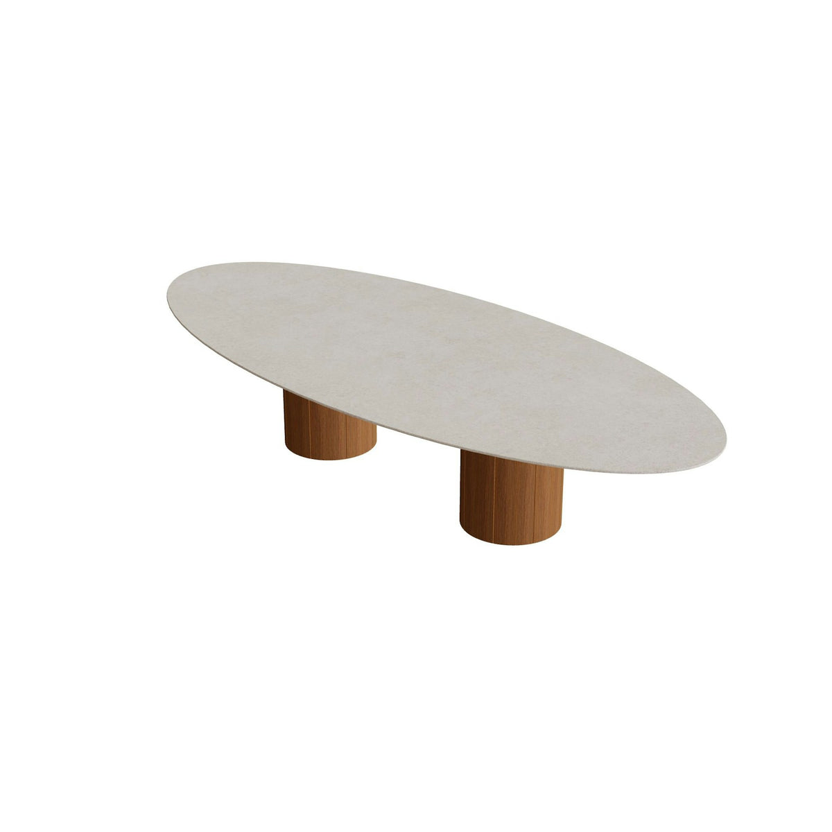Royal Botania Regaliz Tisch Ellipse 320 x 140 cm mit Rundfuß – niedriger Esstisch, H 67 cm · Teak geölt · Keramik grau gesprenkelt (Sienna Arena)