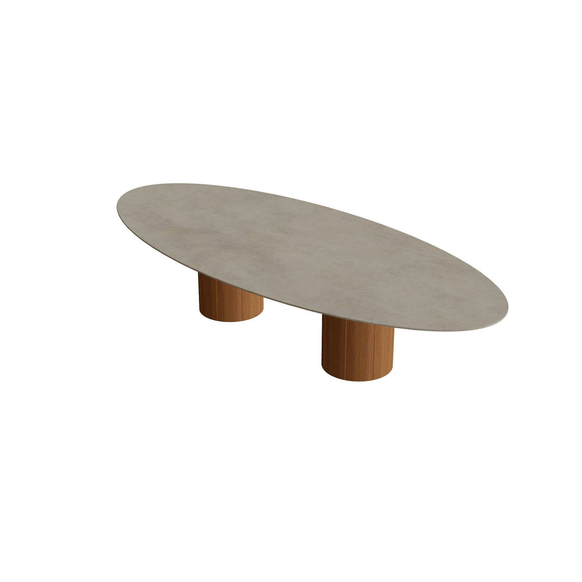 Royal Botania Regaliz Tisch Ellipse 320 x 140 cm mit Rundfuß – niedriger Esstisch, H 67 cm · Teak geölt · Keramik graubraun (Terra Sabbia)