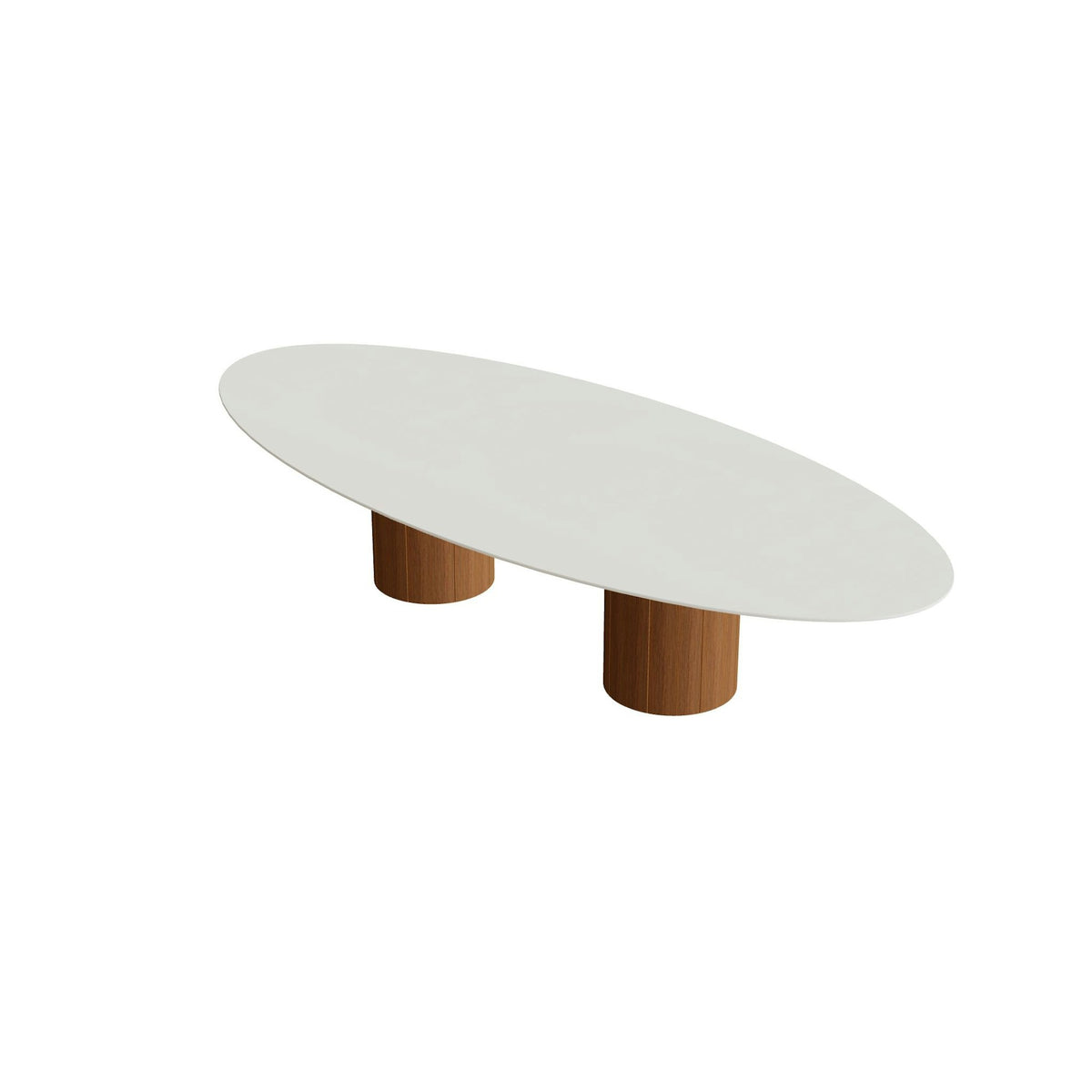 Royal Botania Regaliz Tisch Ellipse 320 x 140 cm mit Rundfuß – niedriger Esstisch, H 67 cm · Teak geölt · Keramik weiß (white)