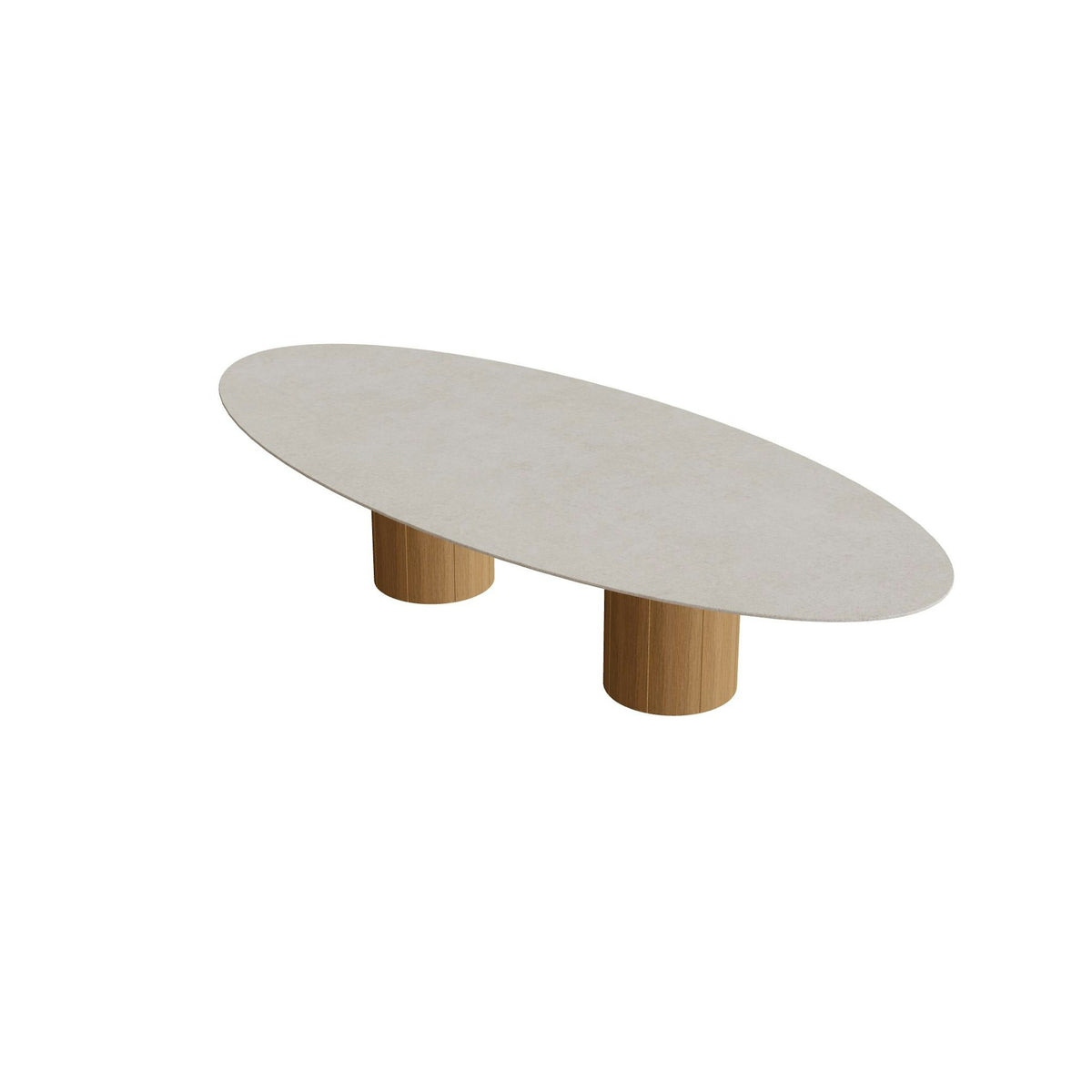 Royal Botania Regaliz Tisch Ellipse 320 x 140 cm mit Rundfuß – niedriger Esstisch, H 67 cm · Teak · Keramik grau gesprenkelt (Sienna Arena)