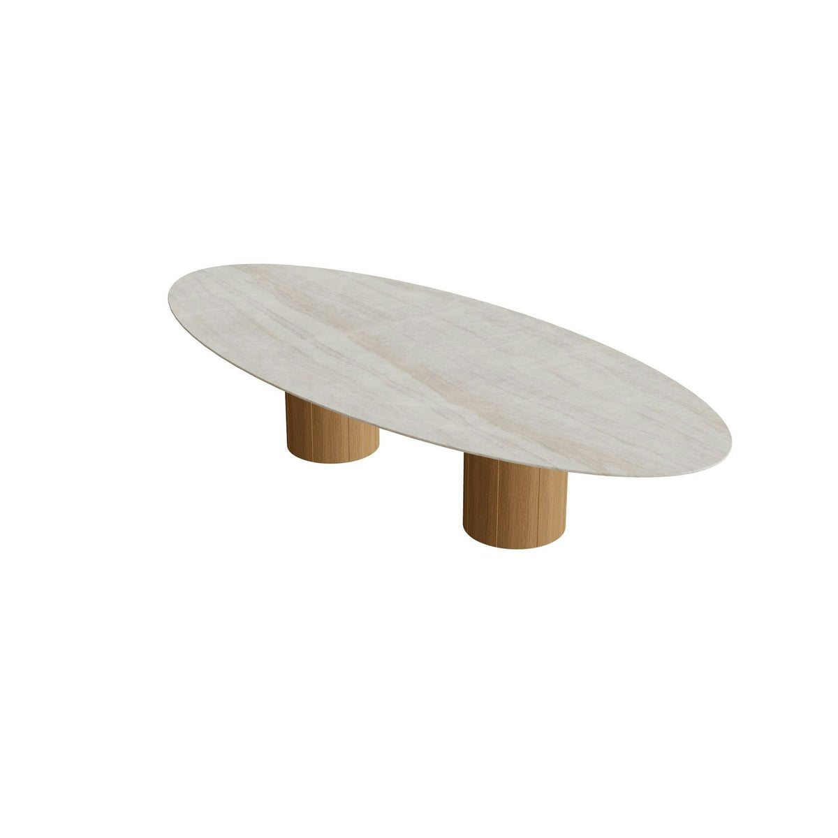 Royal Botania Regaliz Tisch Ellipse 320 x 140 cm mit Rundfuß – niedriger Esstisch, H 67 cm · Teak · Keramik grau-braun geädert (Strato Quartz)