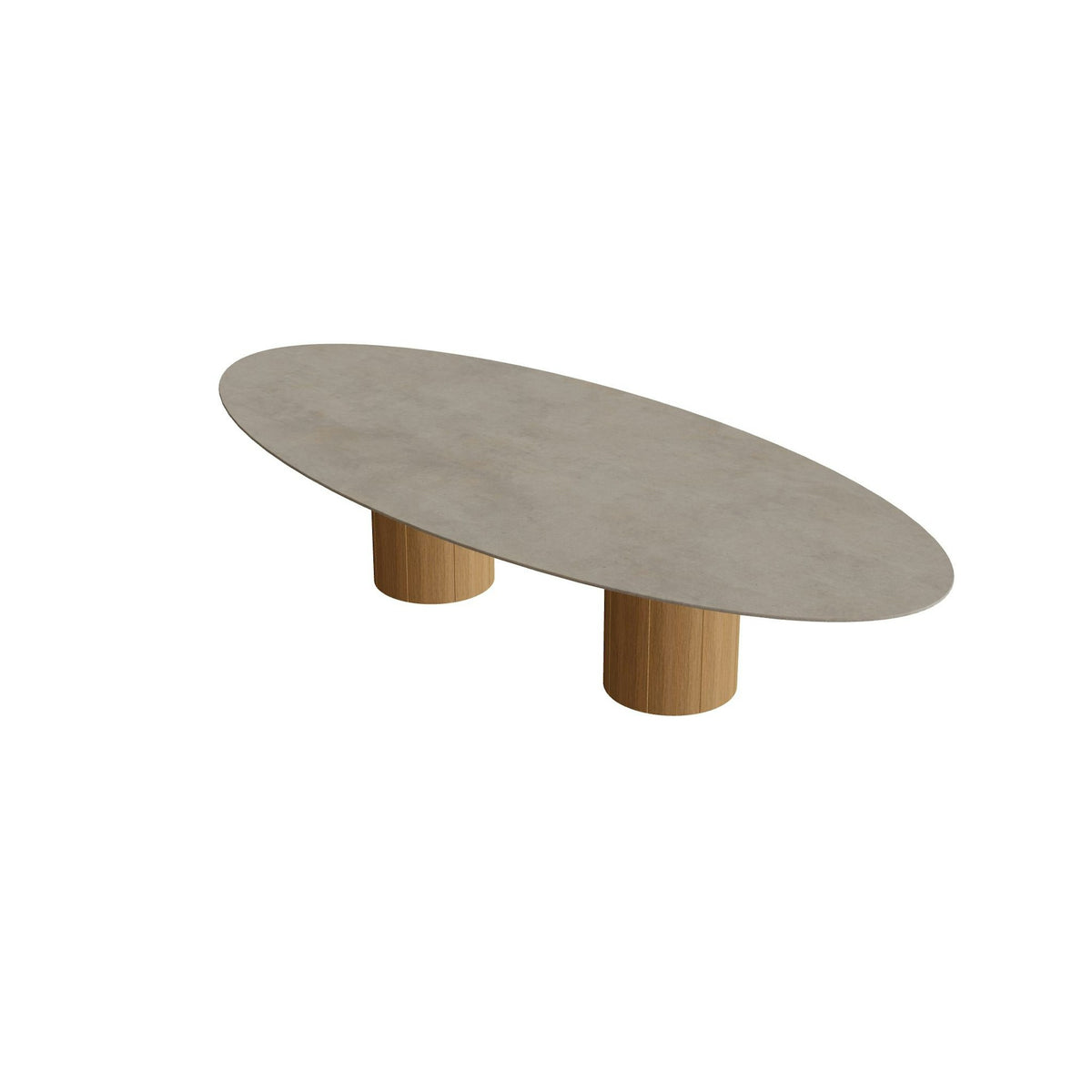 Royal Botania Regaliz Tisch Ellipse 320 x 140 cm mit Rundfuß – niedriger Esstisch, H 67 cm · Teak · Keramik graubraun (Terra Sabbia)