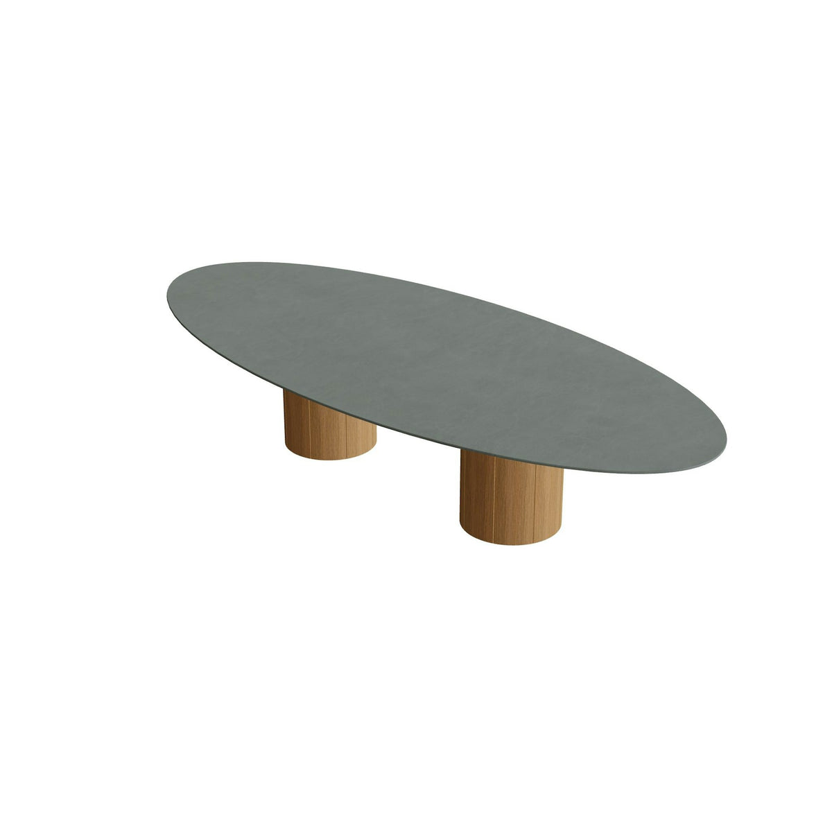 Royal Botania Regaliz Tisch Ellipse 320 x 140 cm mit Rundfuß – niedriger Esstisch, H 67 cm · Teak · Keramik steingrün (Verdezza Amazon)