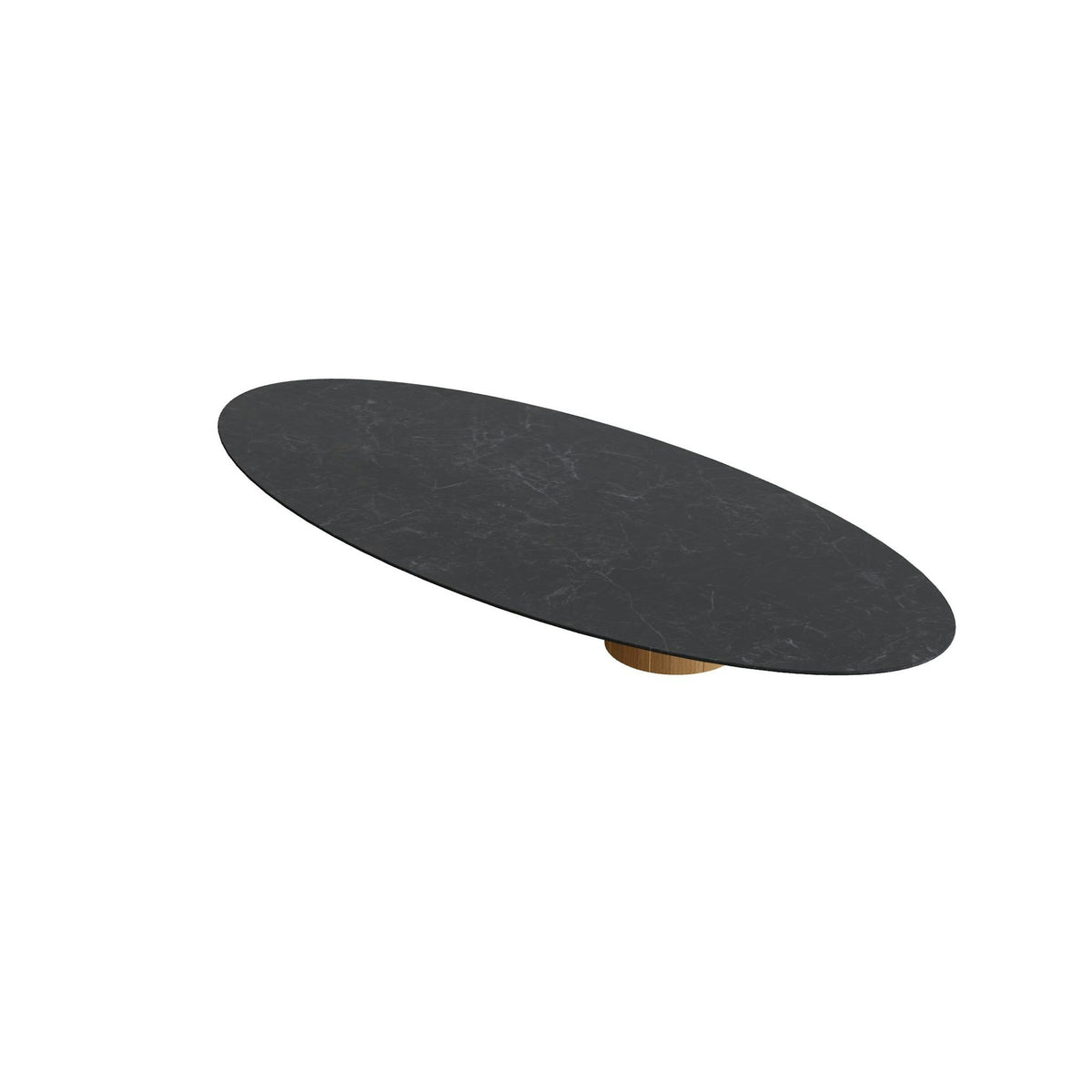 Royal Botania Regaliz Tisch Ellipse 320 x 140 cm mit Rundfuß – Loungetisch, H 35 cm · Teak · Keramik schwarz geädert (Nero Marquina)